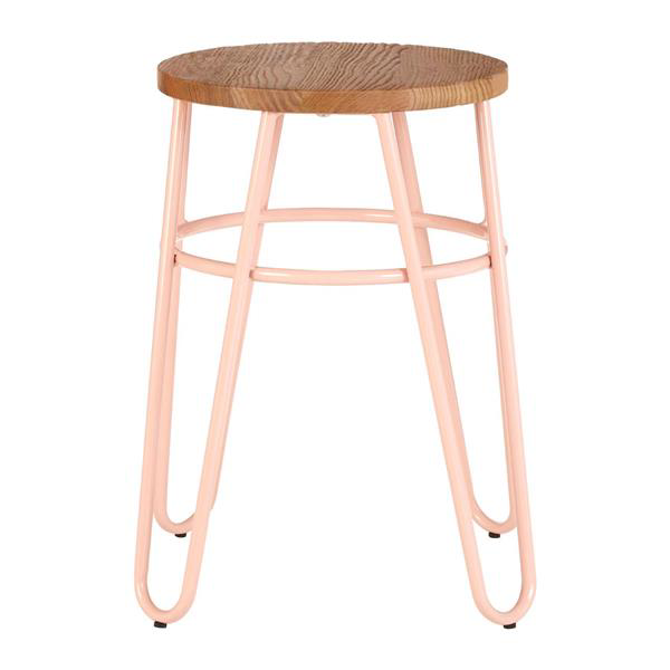 District Pink Metal & Elm Wood Hairpin Stool