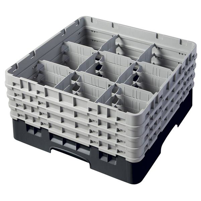 9 Compartment Glass Rack with 4 Extenders H215mm - Black