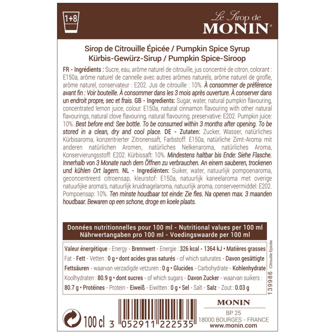 Monin Pumpkin Spice Syrup 1ltr