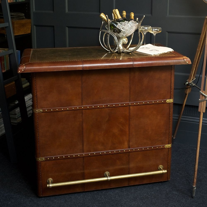 Panama Cognac Leather Bar Counter with Brass Top