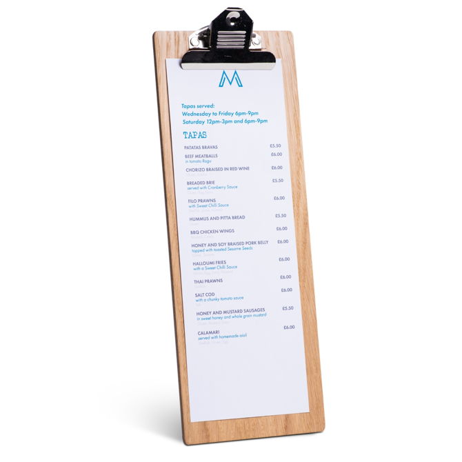 Wooden Menu Slimline Clipboard 1/2 A4 Light Oak