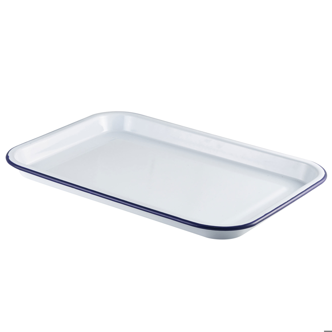 Enamel Serving Tray White with Blue Rim 38.2cm x 26.4cm