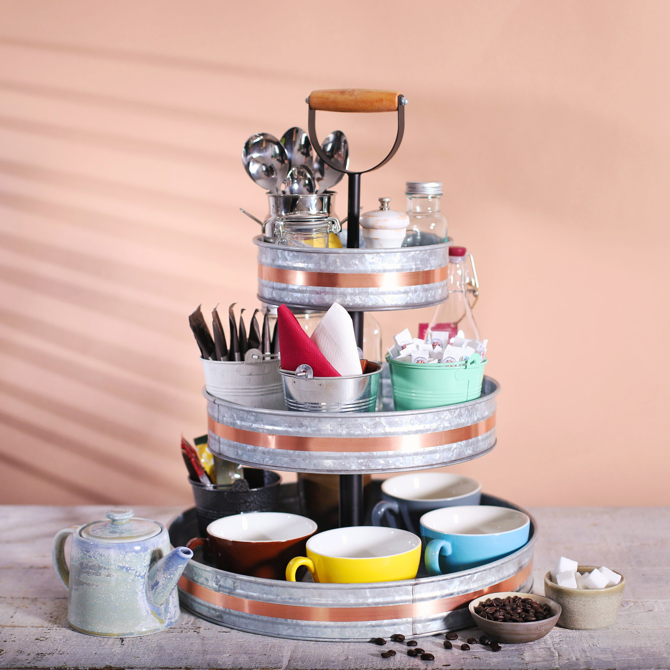 3 Tier Galvanised Serving Stand Tray with Handle