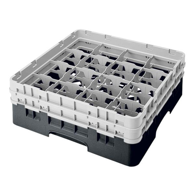 16 Compartment Glass Rack with 2 Extenders H133mm - Black