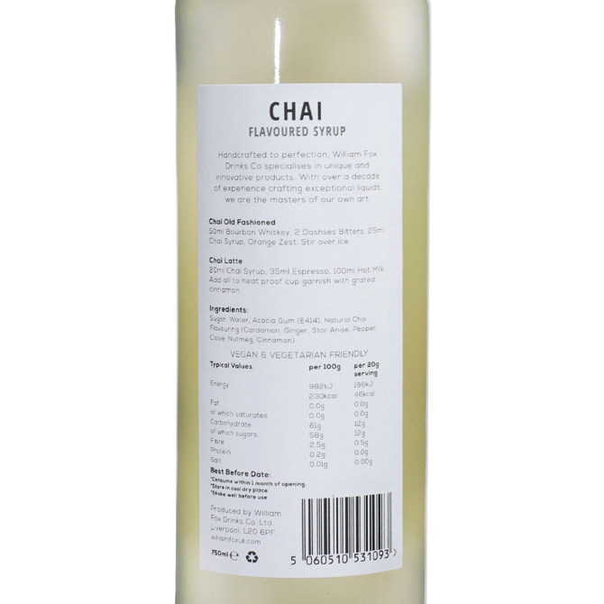 William Fox Premium Chai Syrup 75cl